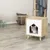 Wooden cat house with white front and star-shaped entrance, cat sitting inside. Modern design for indoor use.