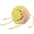 Yellow, fluffy toy with pink accent, embroidered face and four orange cords.