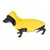 Chien portant un imperméable jaune avec capuche, vu de profil. Matière plastique visible, fermeture par scratch sur le côté.