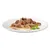 Chunks of wet pet food in gravy on a white plate with a small green herb garnish, shown against a white background.