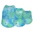 Tre magliette per cani in diverse taglie con motivo batik blu-verde e logo visibile in basso.