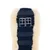 Riem met donkerblauwe stof, beige imitatiebont en twee zilverkleurige metalen gespen. Zichtbare naden en elastische banden.