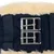 Close-up van een donkerblauwe riem met zilverkleurige metalen gesp en beige imitatiebont.
