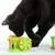 Black cat playing with green and yellow plastic toy, consisting of wheels and a ball inside.