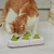 Red and white cat interacts with a white toy with green elements, used as an activity toy.