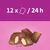 Produktabbildung: Gefüllte Snacks mit brauner Hülle und heller Füllung. Text: 12 x / 24 h.