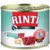 Scatoletta Rinti Sensible, visibili scritte: 'Rind', 'Reis', 'nur 1 tierisches Protein', 'Für empfindliche Hunde', 'Neue Rezeptur noch bekömmlicher'. Pezzi di carne e riso sull'etichetta.