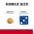 Kibble size comparison showing a piece of kibble measuring 8.5mm next to a blue die measuring 16mm.