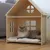 Wooden house with window design, suitable as pet accommodation. Equipped with a white cushion inside.