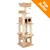 Beige multi-level cat tree with sisal posts, two platforms, hammock, enclosed cubby, top bed, and hanging pom-pom toys. Orange corner banner reads 'Top Seller'.