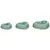 Three green heart-shaped feeding bowls in different sizes side by side.