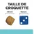 Comparaison de la taille des croquettes : une croquette de 13 mm de diamètre à côté d’un cube de 16 mm de côté. Titre : Taille de croquette.