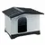 Plastic outdoor pet house with a black roof and arched doorway, shown empty to display entrance size and structure. Plastic outdoor pet house with a black roof and arched doorway, shown empty to display entrance size and structure.