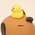 Jouet en caoutchouc marron avec un canard en caoutchouc jaune sur le dessus, oreilles visibles et détails noirs.