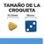 Tamaño de la croqueta: 10,5 mm junto a un dado azul de 16 mm para comparación visual.
