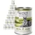 Wolf of Wilderness Senior Green Fields 400g tin, visible text: 100% grain-free, lamb & chicken with fruits of the forest, roots and wild herbs. Multiple tins shown in background.