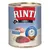 Lata de comida para perros Rinti Sensible Ross + Reis. Texto visible: Für empfindliche Hunde, glutenfrei, nur 2 tierische Proteine mit Entenherzen.
