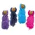 Quatre jouets pour chat en liège et plumes, couleurs violet, bleu foncé, bleu clair et rose, présentés debout sur fond blanc.