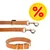 Hondenriem en halsband van bruin leer met metalen sluitingen. Geel kortingssimbool met rood procentteken. Hondenriem en halsband van bruin leer met metalen sluitingen. Geel kortingssimbool met rood procentteken.