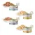 Applaws Natural Cat Food -kissanruokaa: 3 x Tuna Fillet, 3 x Ocean Fish, 3 x Chicken Breast, 3 x Chicken Breast with Cheese, purkit 70 g. Näkyvissä myös annokset lautasilla.