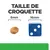 Taille de croquette : croquette de 6 mm à côté d’un dé bleu de 16 mm pour comparaison visuelle.