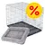 Metall-Gitterbox mit schwarzem Boden und grauem gepolstertem Hundebett. Gelbes Rabatt-Symbol mit rotem Prozentzeichen sichtbar.