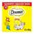 Dreamies Variety Snack Box, 12 x 60g. Contém 4x frango, 4x queijo, 4x salmão. Embalagem mostra um gato a brincar e snacks recheados.