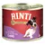 RINTI GOLD hundmatburk, text på tyska: 'MIT FEINEN STÜCKCHEN VON DER GANS', bild på liten svartvit hund på etiketten.