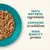 100% natural ingredients, contains no additives, high quality protein – tekst w języku angielskim widoczny obok karmy na niebieskim talerzu.