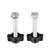 Two screws with metal threads and black plastic handles, suitable for fastening purposes.