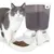 Automatischer Futterspender mit digitaler Anzeige, gefüllt mit Trockenfutter. Weisse und graue Katze steht daneben.