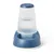 Dispenser d'acqua per animali in plastica blu e trasparente, con serbatoio verticale e ciotola integrata alla base.