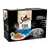 Sheba Fine Flakes in Jelly Fish Selection, 12x85g. Okusi: losos, bela riba, tuna, trska. Z naravnimi sestavinami. Embalaža prikazuje sivo mačko in krožnik z ribjimi koščki.