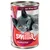 Boîte de nourriture pour chat Smilla Rindtöpfchen, texte allemand « mit Hühnerleber », image d’un chat gris, mention « mit Taurin », poids 400 g visible sur l’emballage.