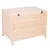 Coffre rectangulaire en bois clair avec couvercle à charnières métalliques, surface lisse et panneaux horizontaux visibles.