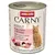 Animonda Carny Adult kalkun, kylling + rejer. 100% friske ingredienser, uden korn, Made in Germany. Med taurin. Billede af kødstykker og en kat.