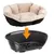 Cushioned bed shown above a plastic basket with an arrow indicating the cushion is to be placed inside the basket for use.