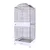 Large bird cage with metal grid walls, white frame, several wooden perches and a drawer at the bottom.