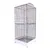 Large bird cage with metal grid walls, white base and wheels. Equipped inside with several wooden perches.