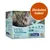 BOZITA Tasty Meat & Fish Menu, zkušební balení, 12×85 g. 3× losos, sleď, extra kuře, sob. Grain free, snadné trávení. Švédské přírodní ingredience. Obal s fotografií kočky.