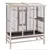 Large wooden birdcage with metal grid walls, multiple perches and pull-out base tray.