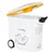 White food container with yellow lid, drawing of a dog and text 'so tasty' and 'dinner is served'. Container on wheels with black handle.