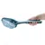 Hand holding a blue cat litter scoop with ergonomic handle and slots for easy cleaning.