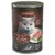 Leonardo Cat Food, ricco di fegato, qualità premium, Made in Germany, lattina da 400g. Immagine di cibo per gatti e di un gatto grigio.