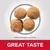 Four round kibbles shown with text stating kibble size approximately 14 by 14 millimetres and the phrase great taste.