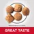 Five pieces of kibble shown with text stating kibble size approximately 14.5 by 14.5 millimetres and the phrase 'Great Taste' highlighted below.