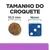 Tamanho do croquete: diâmetro de 10,5 mm ao lado de um dado azul com 16 mm. Texto visível: 'TAMANHO DO CROQUETE', '10,5 mm', '16 mm'.