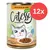 Lata de comida para gatos Catessy Chunks with duck & liver, 400 g. Texto visible: Yummmmeow!, Deliciously juicy!, no added sugar. Paquete de 12 unidades indicado con círculo rojo '12x'. Lata de comida para gatos Catessy Chunks with duck & liver, 400 g. Texto visible: Yummmmeow!, Deliciously juicy!, no added sugar. Paquete de 12 unidades indicado con círculo rojo '12x'.