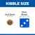 Kibble size comparison showing kibble at 9 by 3.5 millimetres next to a dice measuring 16 millimetres.