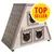 Casetta in legno a forma di A con tre ingressi sagomati da gatto, tetto in tegole grigie. Cerchio giallo con testo rosso: TOP SELLER. Casetta in legno a forma di A con tre ingressi sagomati da gatto, tetto in tegole grigie. Cerchio giallo con testo rosso: TOP SELLER.